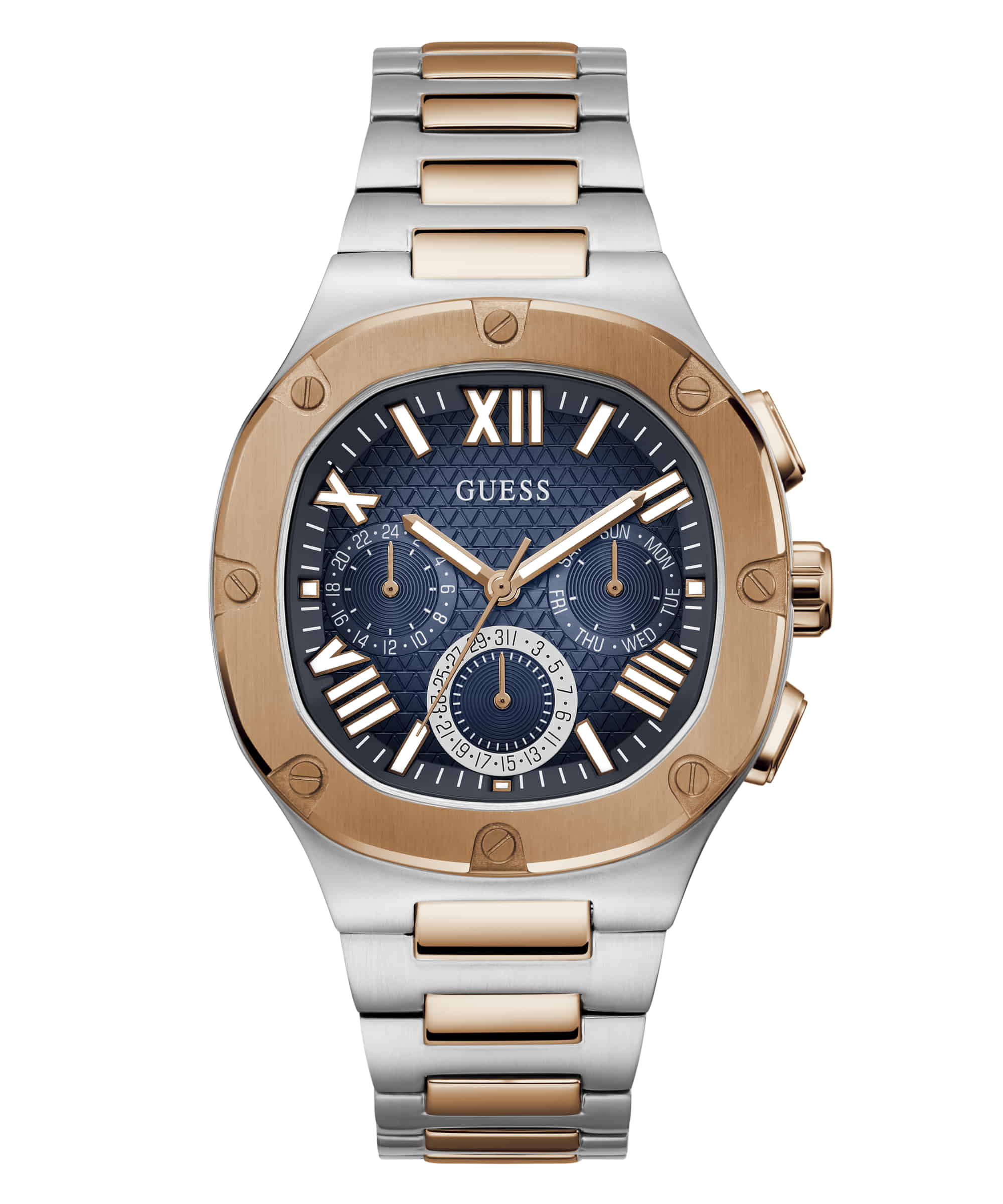 Amazon.com: GUESS Men's Sport Multifunction 46mm Watch – Blue Dial Rose  Gold-Tone Stainless Steel Case with Blue Bio-Based Polyurethane Strap :  Clothing, Shoes & Jewelry