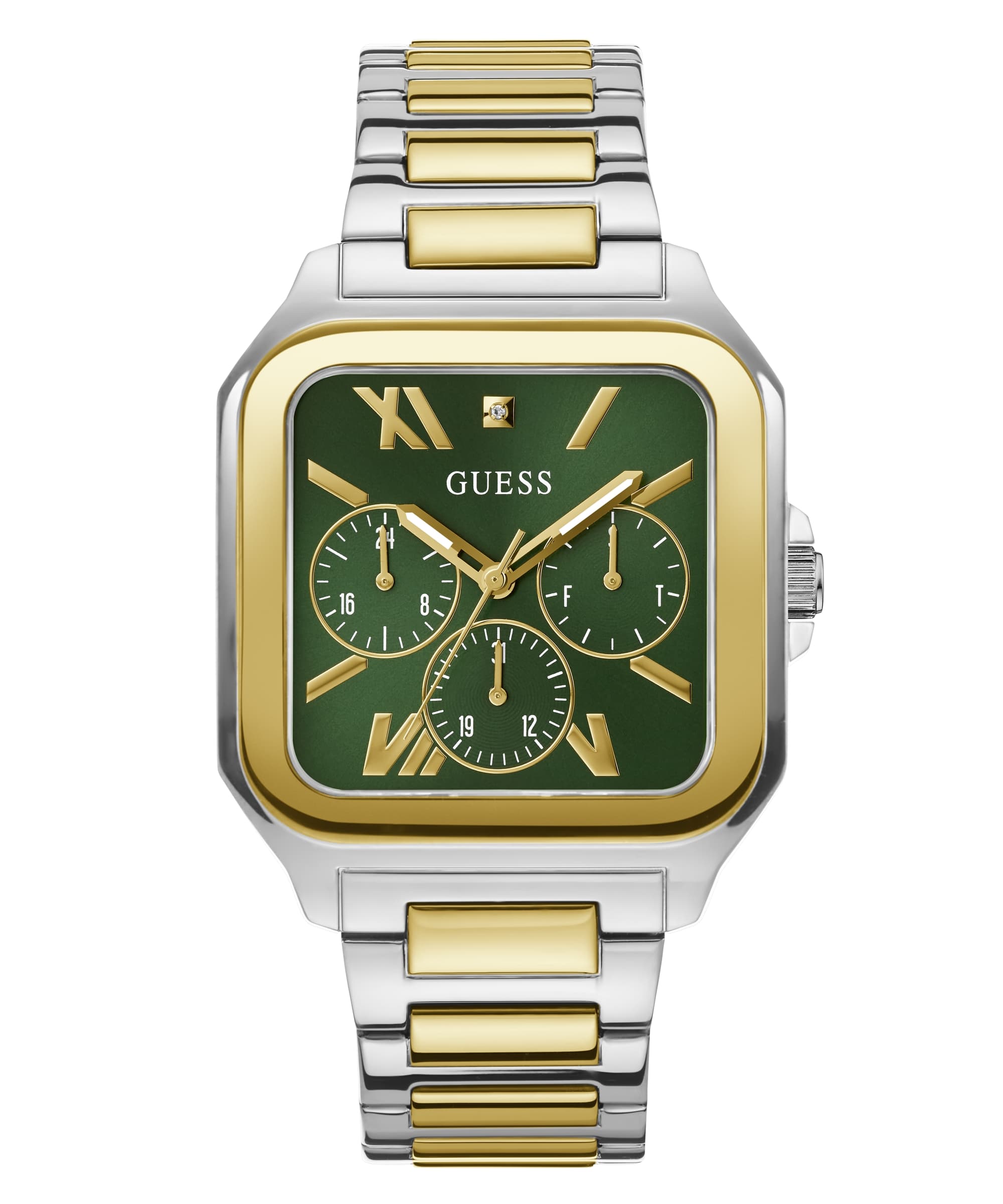 Guess Mens Dress Green Dial Square Case Multi Function Men Watch