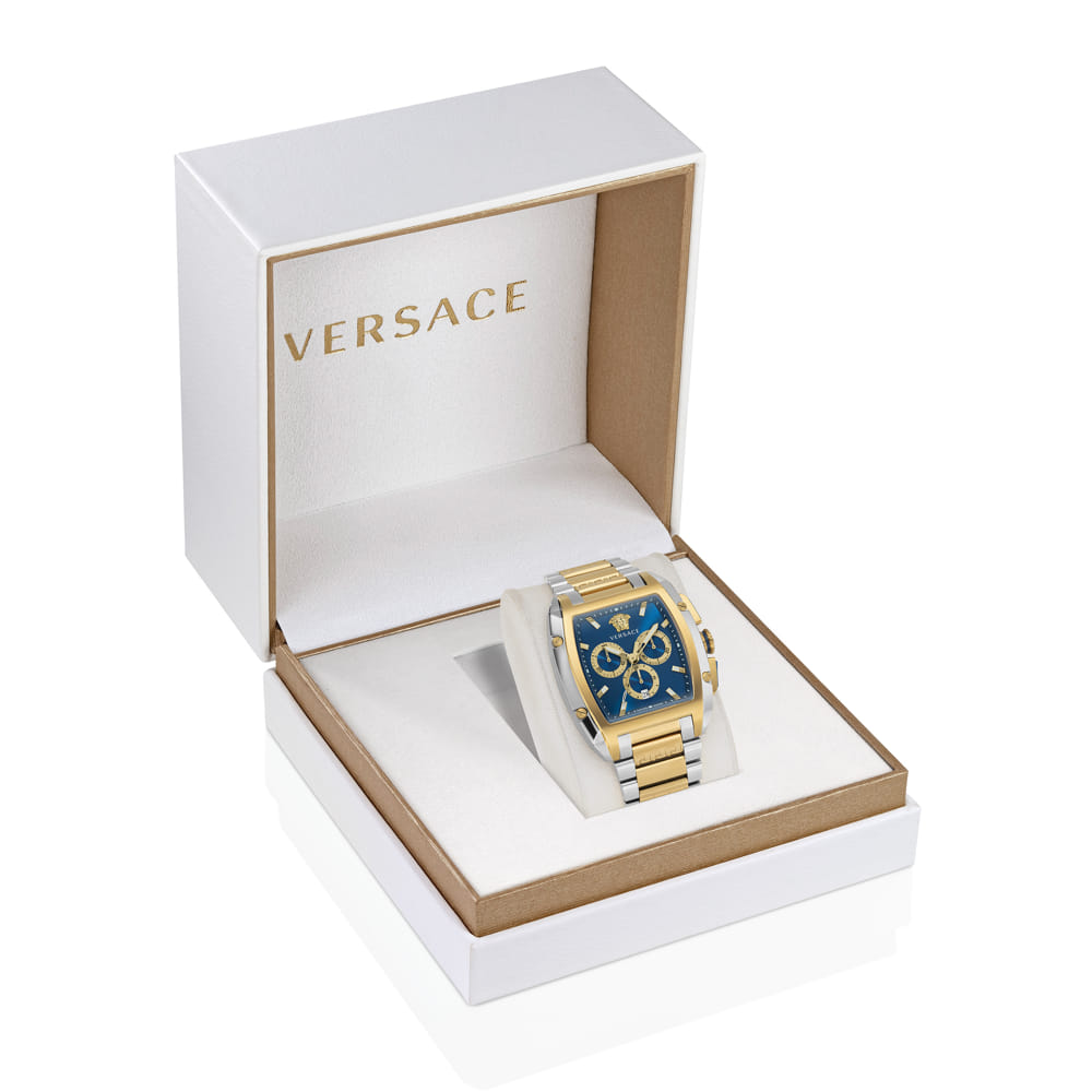 Versace Dominus Blue Dial Rectangle Case Swiss Quartz Chrono Men Watch